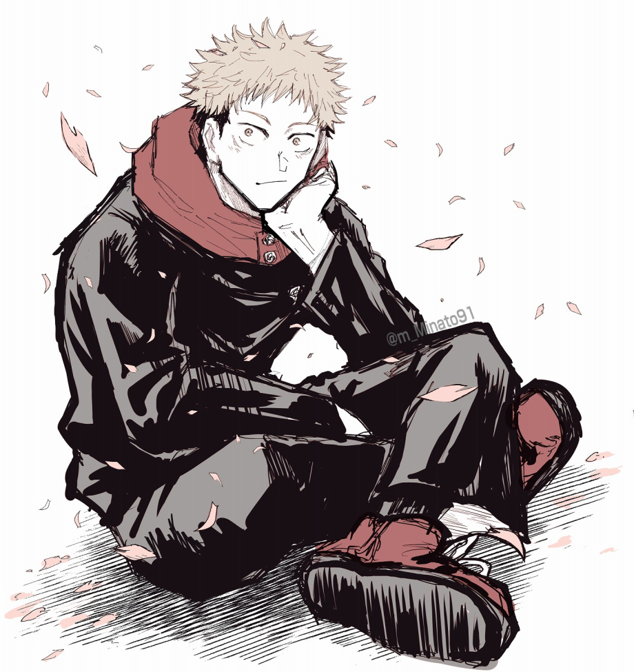 1boy, black_hair, black_jacket, black_pants, brown_hair, closed_mouth, facial_mark, falling_petals