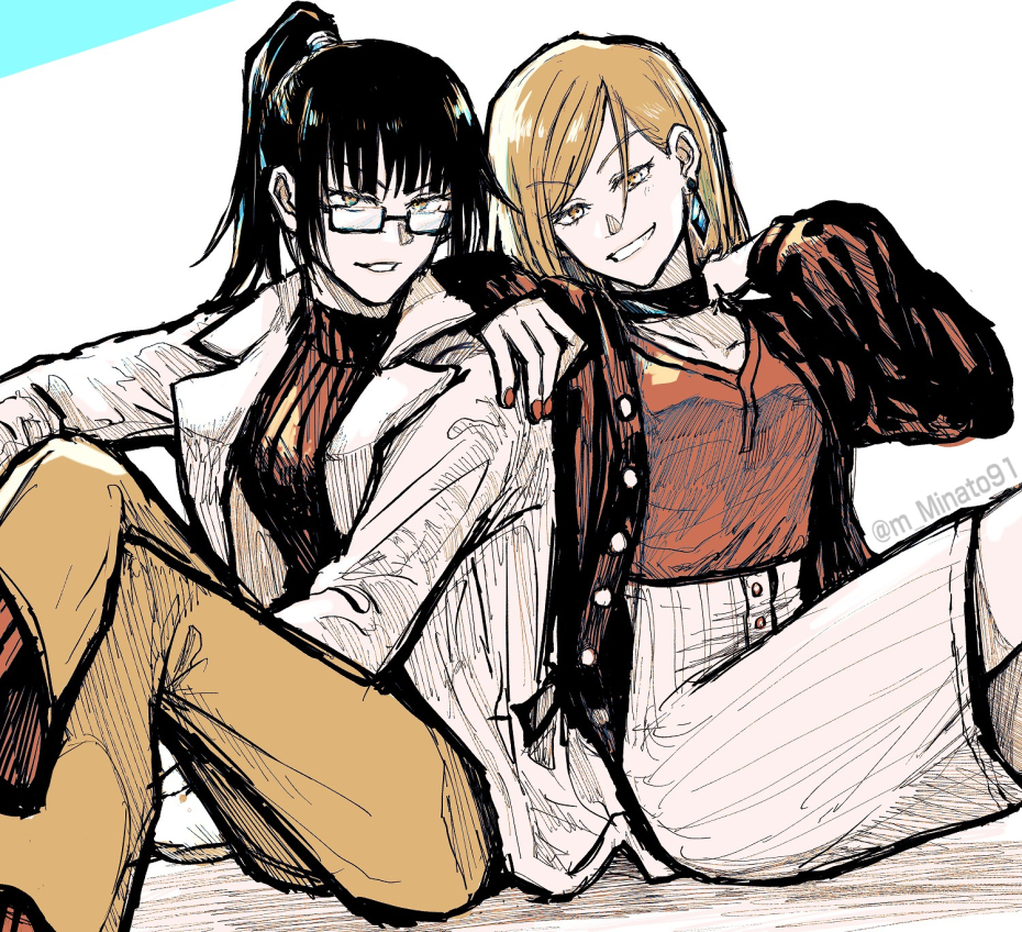 2girls, bangs, black_choker, black_hair, black_shirt, brown_eyes, brown_hair, brown_pants, choker, cowboy_shot, earrings, eyebrows_visible_through_hair, glasses, hand_on_another's_shoulder, high_ponytail, jacket, jewelry, jujutsu_kaisen, knees_up, kugisaki_nobara, long_hair, long_sleeves, looking_at_viewer, mike2010, multiple_girls, pants, parted_lips, ponytail, red_nails, red_shirt, shirt, simple_background, sitting, sketch, skirt, sleeves_past_wrists, swept_bangs, turtleneck, twitter_username, white_background, white_jacket, white_skirt, zenin_maki