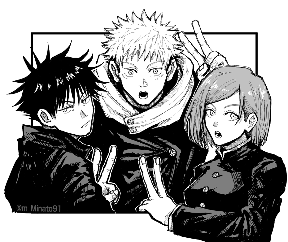 1girl, 2boys, bangs, closed_mouth, facial_mark, fushiguro_megumi, gakuran, greyscale