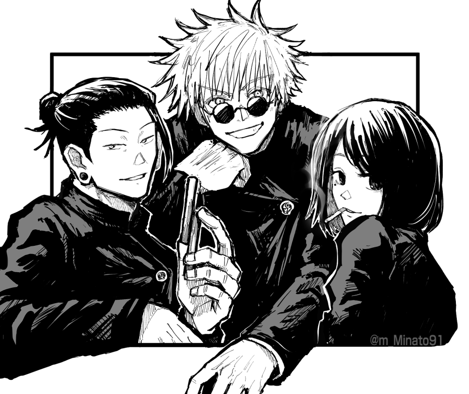 1girl, 2boys, bangs, ear_piercing, gakuran, getou_suguru, gojou_satoru, greyscale