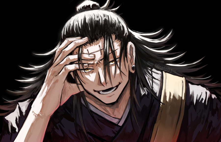 1boy, bangs, black_background, black_hair, black_kimono, brown_eyes, ear_piercing, getou_suguru