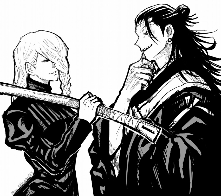 1boy, 1girl, braid, chin_stroking, dress, ear_piercing, getou_suguru, greyscale