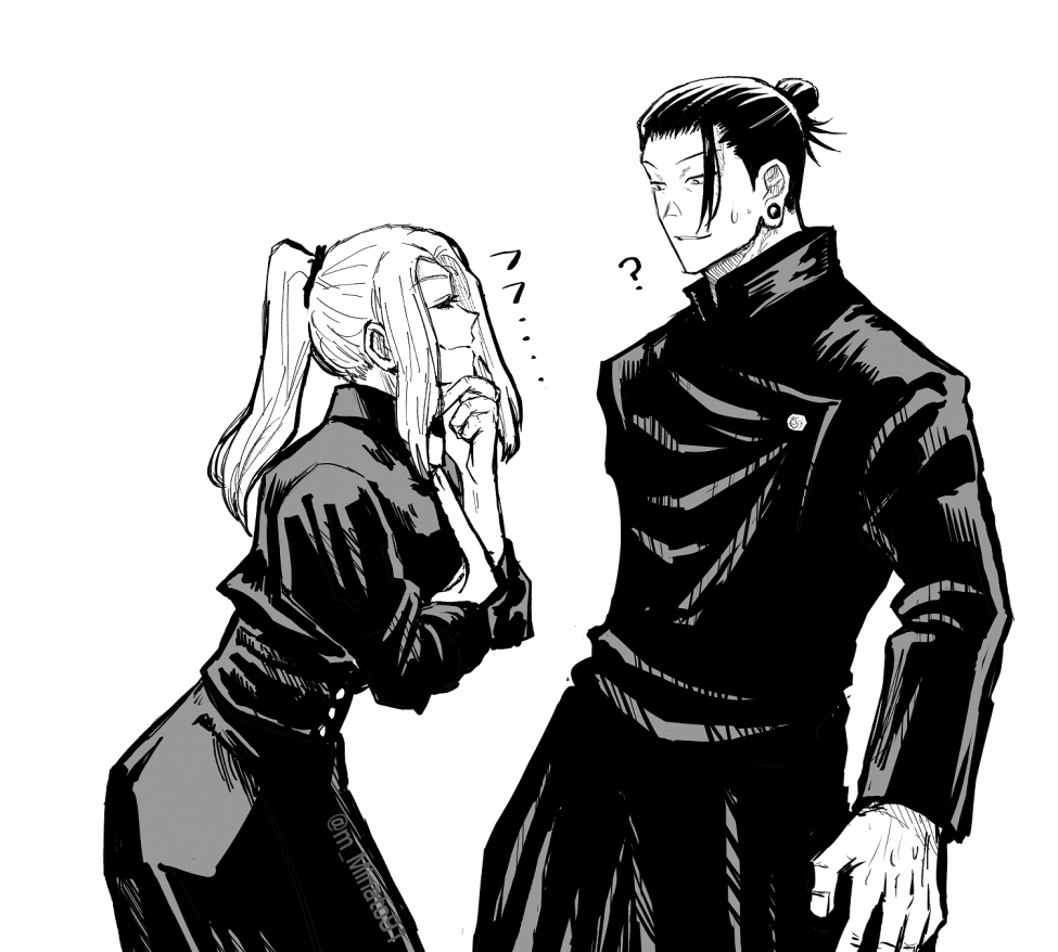 1boy, 1girl, ?, bangs, chin_stroking, closed_eyes, closed_mouth, cowboy_shot