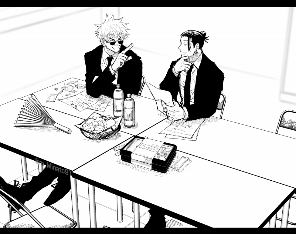 >_<, 2boys, :d, bottle, chair, chin_stroking, closed_eyes, collared_shirt