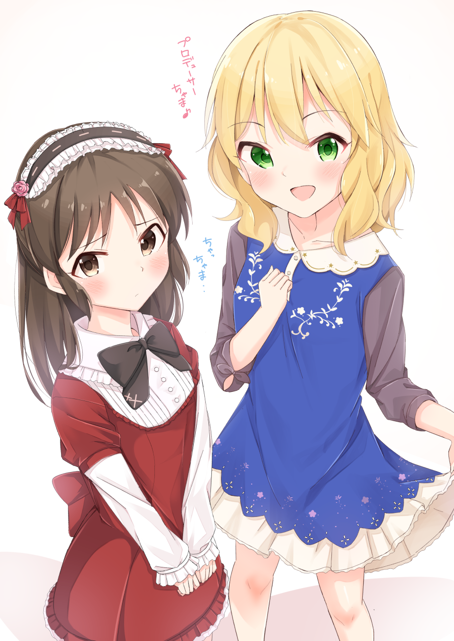 2girls, black_bow, blonde_hair, blue_dress, blush, bow, brown_eyes, brown_hair