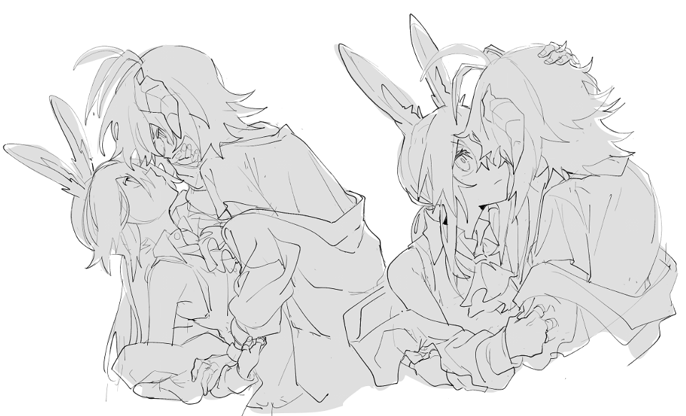 2girls, amiya_(arknights), animal_ears, antennae, arknights, bare_shoulders, commentary, covering_mouth