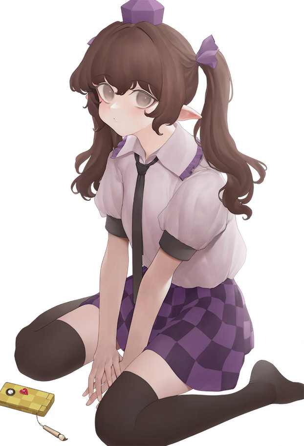 1girl, :o, bangs, between_legs, black_legwear, black_neckwear, blush, brown_hair