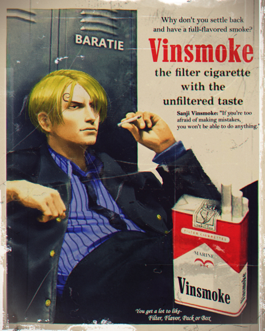 1boy, absurdres, ad, blonde_hair, blue_neckwear, brand_name_imitation, character_name, cigarette