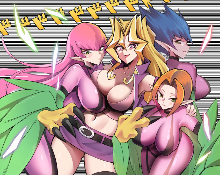 4girls, arm_around_shoulder, bare_shoulders, belt, belt_buckle, blonde_hair, blue_hair, blush, bodysuit, breast_press, breasts, buckle, claws, commentary_request, detached_sleeves, ditienan_ddn, dodododo, eyebrows_visible_through_hair, feathered_wings, feathers, green_eyes, green_feathers, harpie_lady, harpie_lady_#1, harpie_lady_#2, harpie_lady_#3, harpie_lady_sisters, harpy, jacket, kujaku_mai, large_breasts, long_hair, looking_back, monster_girl, multiple_girls, navel, open_mouth, orange_hair, pink_bodysuit, pink_hair, pointy_ears, skirt, spiky_hair, v, very_long_hair, violet_eyes, winged_arms, wings, yu-gi-oh!