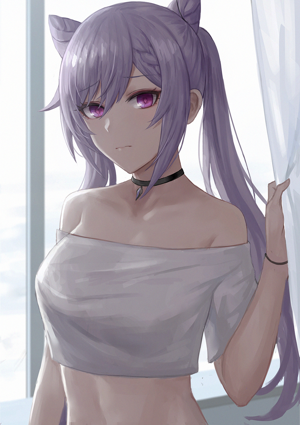 1girl, alternate_costume, bare_shoulders, black_choker, braid, breasts, choker, closed_mouth