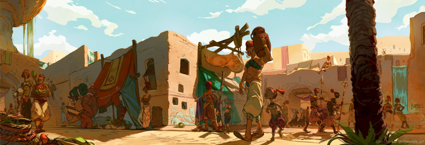 1boy, 6+girls, arabian_clothes, arm_up, artist_name, basket, blonde_hair, bracelet