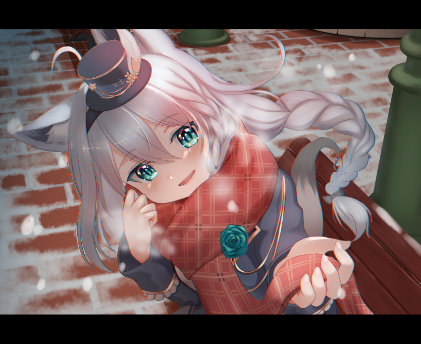 1girl, ahoge, animal_ears, bangs, bench, blue_flower, blue_jacket, blue_rose