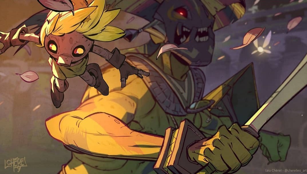 1boy, artist_name, blonde_hair, boss, brown_footwear, brown_gloves, dark_skin, dark_skinned_male, deku, english_commentary, fairy, fangs, fingerless_gloves, from_side, giant, gloves, glowing, glowing_eyes, green_headwear, green_skirt, hat, holding, holding_sword, holding_weapon, leo_cherel, link, open_mouth, red_eyes, shoes, signature, skirt, sword, the_legend_of_zelda, the_legend_of_zelda:_majora's_mask, weapon, yellow_eyes