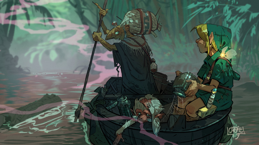 1boy, 1girl, absurdres, ape, blonde_hair, boat, boots, bottle