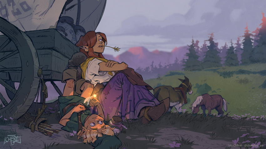 absurdres, arrow_(projectile), artist_name, belt, blue_eyes, boots, bow_(weapon), brown_belt, brown_footwear, brown_hair, commentary, cremia, crossed_arms, english_commentary, fairy, feet_up, flower, forest, freckles, grass, green_headwear, green_shirt, highres, horse, knee_boots, leo_cherel, link, long_hair, long_skirt, looking_at_another, looking_up, lying, mouth_hold, nature, on_back, outdoors, pink_flower, pink_skirt, pointy_ears, quiver, shirt, signature, skirt, smile, teeth, the_legend_of_zelda, the_legend_of_zelda:_majora's_mask, tree, twitter_username, upside-down, weapon, wheel