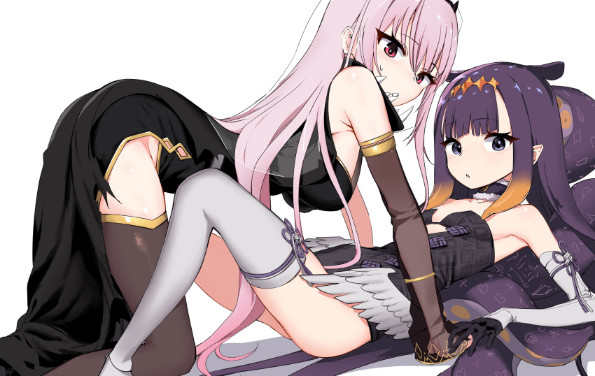 2girls, :o, ass, bangs, bent_over, black_eyes, black_gloves, breasts