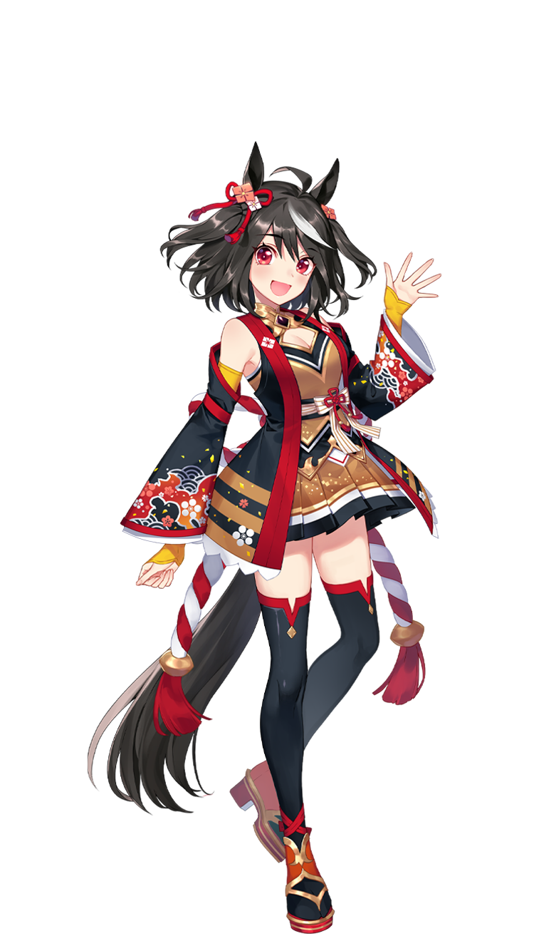 1girl, ahoge, animal_ears, bare_shoulders, black_hair, black_legwear, detached_sleeves, highres, horse_ears, horse_girl, horse_tail, kitasan_black, multicolored_hair, official_art, red_eyes, sandals, short_hair, tail, transparent_background, two-tone_hair, umamusume