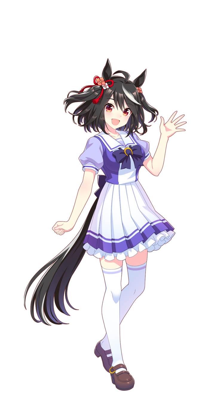 1girl, animal_ears, black_hair, brown_footwear, highres, horse_ears, horse_girl, horse_tail, kitasan_black, multicolored_hair, official_art, red_eyes, school_uniform, short_hair, tail, thigh-highs, transparent_background, two-tone_hair, umamusume, white_legwear
