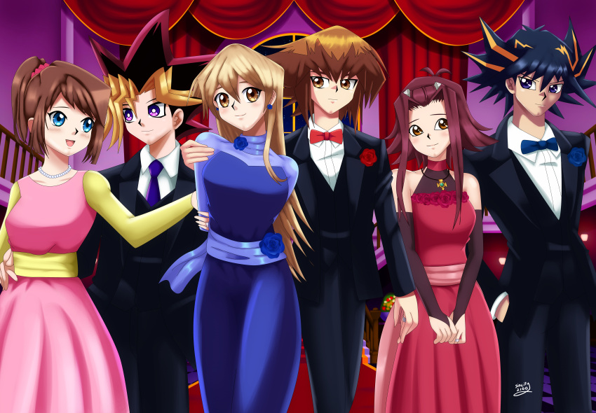 3boys, 3girls, arms_behind_back, ballroom, black_hair, blonde_hair, blue_dress, blue_eyes