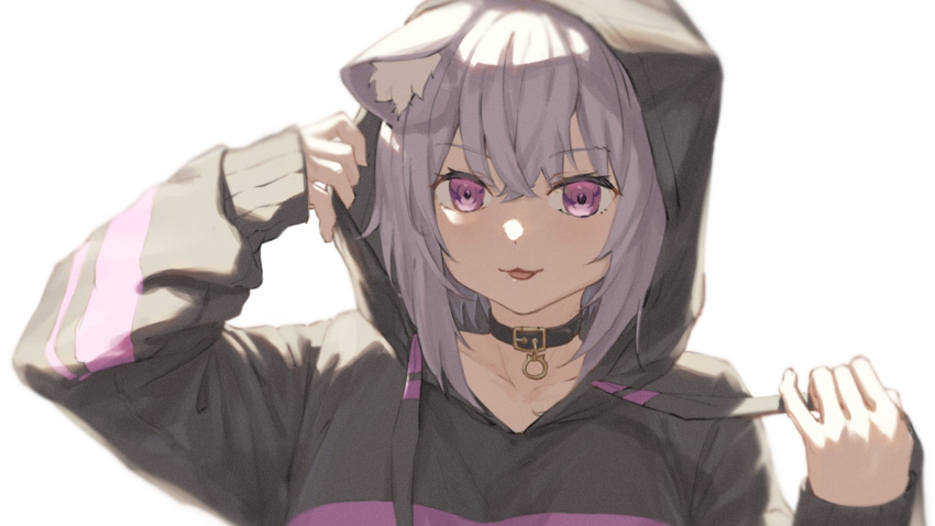 1girl, :3, animal_ear_fluff, animal_ears, black_collar, black_hoodie, breasts, cat_ears
