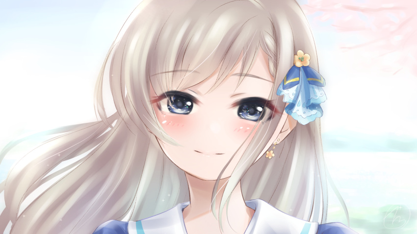 1girl, bangs, blurry, blush, braid, braided_bangs, cherry_blossoms, depth_of_field, earrings, eyebrows_visible_through_hair, glint, grey_hair, hair_ornament, highres, hisakawa_hayate, idolmaster, idolmaster_cinderella_girls, idolmaster_cinderella_girls_starlight_stage, ishita_teru, jewelry, light_smile, long_hair, looking_at_viewer, school_uniform, shiny, shiny_hair, solo