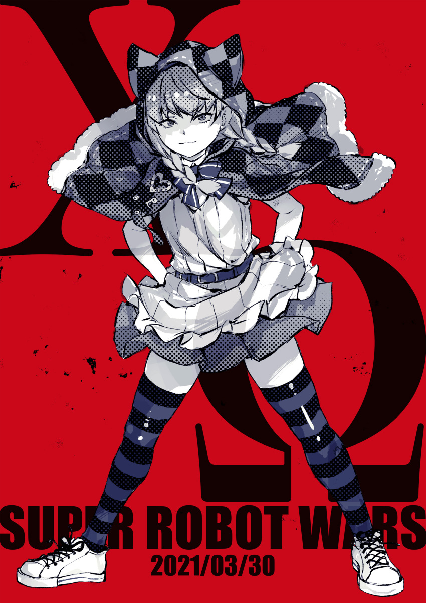 1girl, absurdres, animal_ears, animal_hood, argyle, argyle_capelet, bangs, belt_buckle