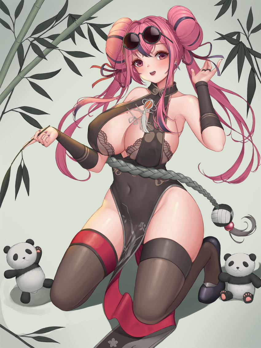 1girl, azur_lane, baeg_mi, bamboo, bare_shoulders, black_dress, black_footwear, black_hair, bra, bra_peek, braid, braided_bun, breasts, bremerton_(azur_lane), bremerton_(kung_fu_cruiser)_(azur_lane), bridal_gauntlets, brown_bra, brown_legwear, center_opening, china_dress, chinese_clothes, covered_navel, covered_nipples, curvy, double_bun, dress, eyewear_on_head, full_body, hair_intakes, hair_ribbon, highres, large_breasts, long_hair, mole, mole_on_breast, mole_under_eye, multicolored_hair, no_panties, official_alternate_costume, panda, pelvic_curtain, pink_eyes, pink_hair, plump, red_ribbon, ribbon, round_eyewear, shoes, solo, strapless, strapless_bra, streaked_hair, thigh-highs, tinted_eyewear, two-tone_hair, underwear, very_long_hair