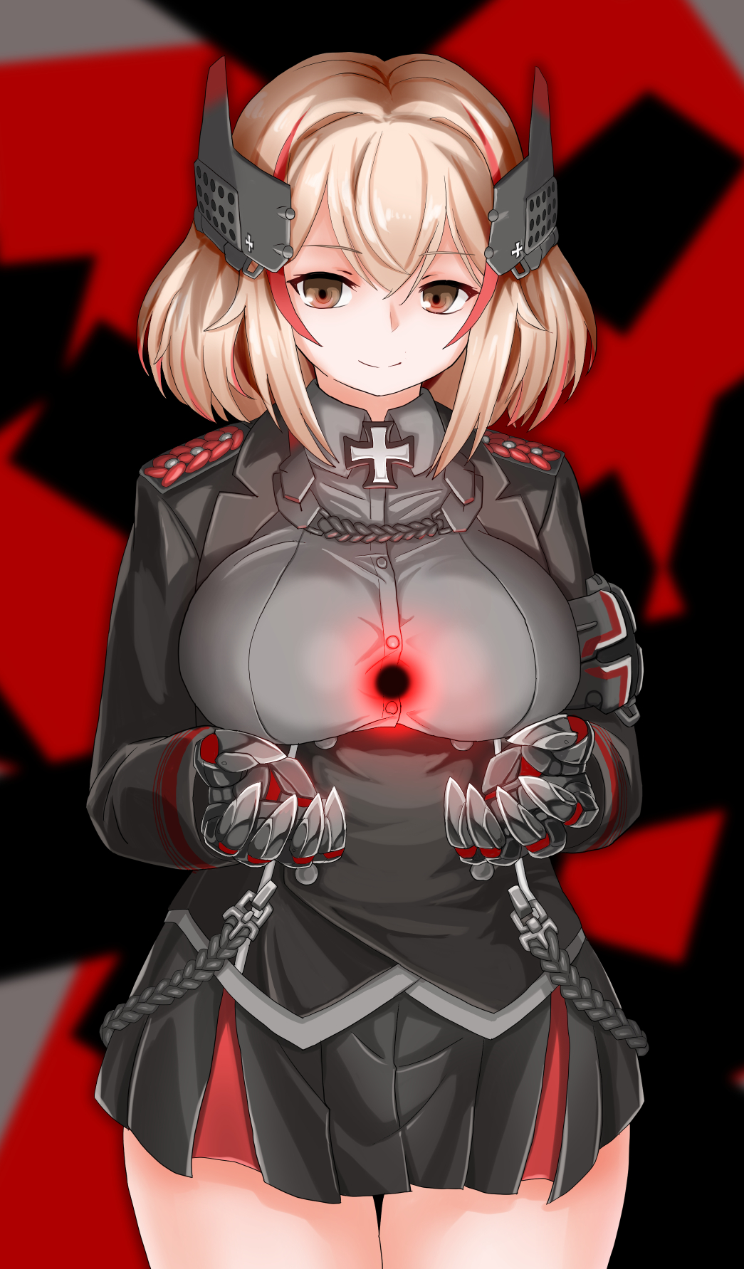 1girl, azur_lane, bangs, black_corset, blonde_hair, breasts, brown_eyes, corset, cowboy_shot, headgear, highres, iron_cross, kitsuan, looking_at_viewer, mechanical_hands, multicolored_hair, roon_(azur_lane), short_hair, smile, solo, standing, streaked_hair