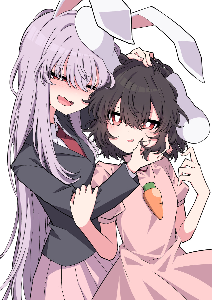 2girls, absurdres, animal_ears, bangs, black_hair, blazer, blush, carrot_necklace