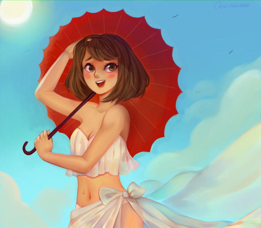 bikini, bikini_top, boku_no_hero_academia, bra, brown_hair, midriff, navel, pareo