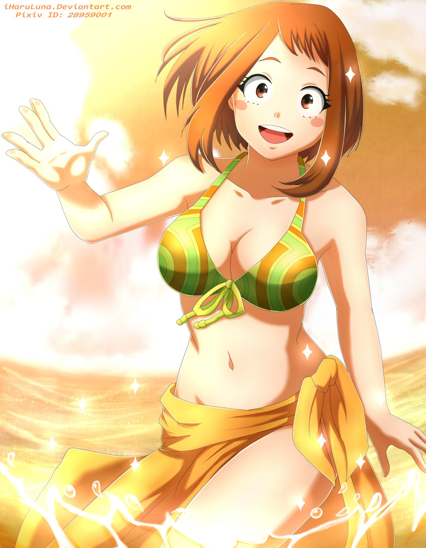 beach, bikini, bikini_top, boku_no_hero_academia, bra, brown_hair, midriff, navel