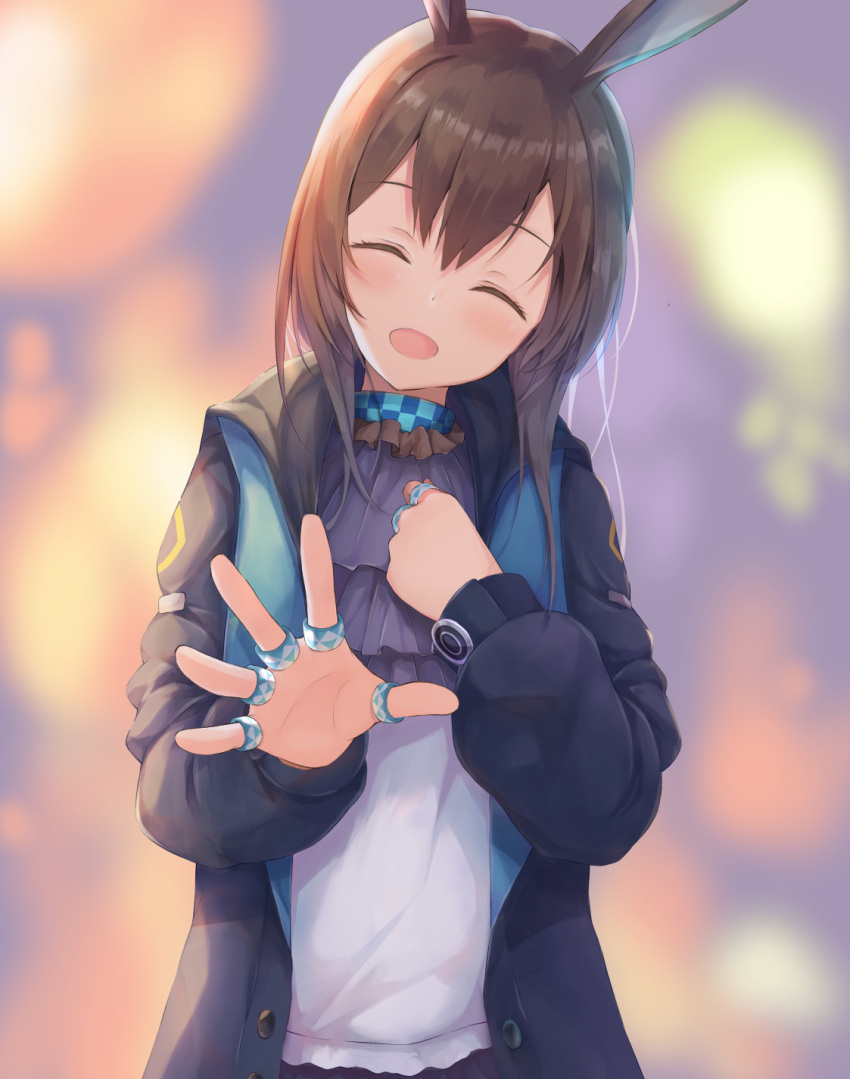1girl, :d, ^_^, amiya_(arknights), animal_ears, arknights, ascot, black_coat, blue_choker, blurry, blurry_background, blush, brown_hair, checkered, checkered_choker, choker, closed_eyes, coat, depth_of_field, facing_viewer, hand_on_own_chest, head_tilt, highres, kurai_masaru, long_hair, long_sleeves, multiple_rings, open_clothes, open_coat, open_mouth, purple_neckwear, rabbit_ears, shirt, smile, solo, spread_fingers, unbuttoned, upper_body, white_shirt