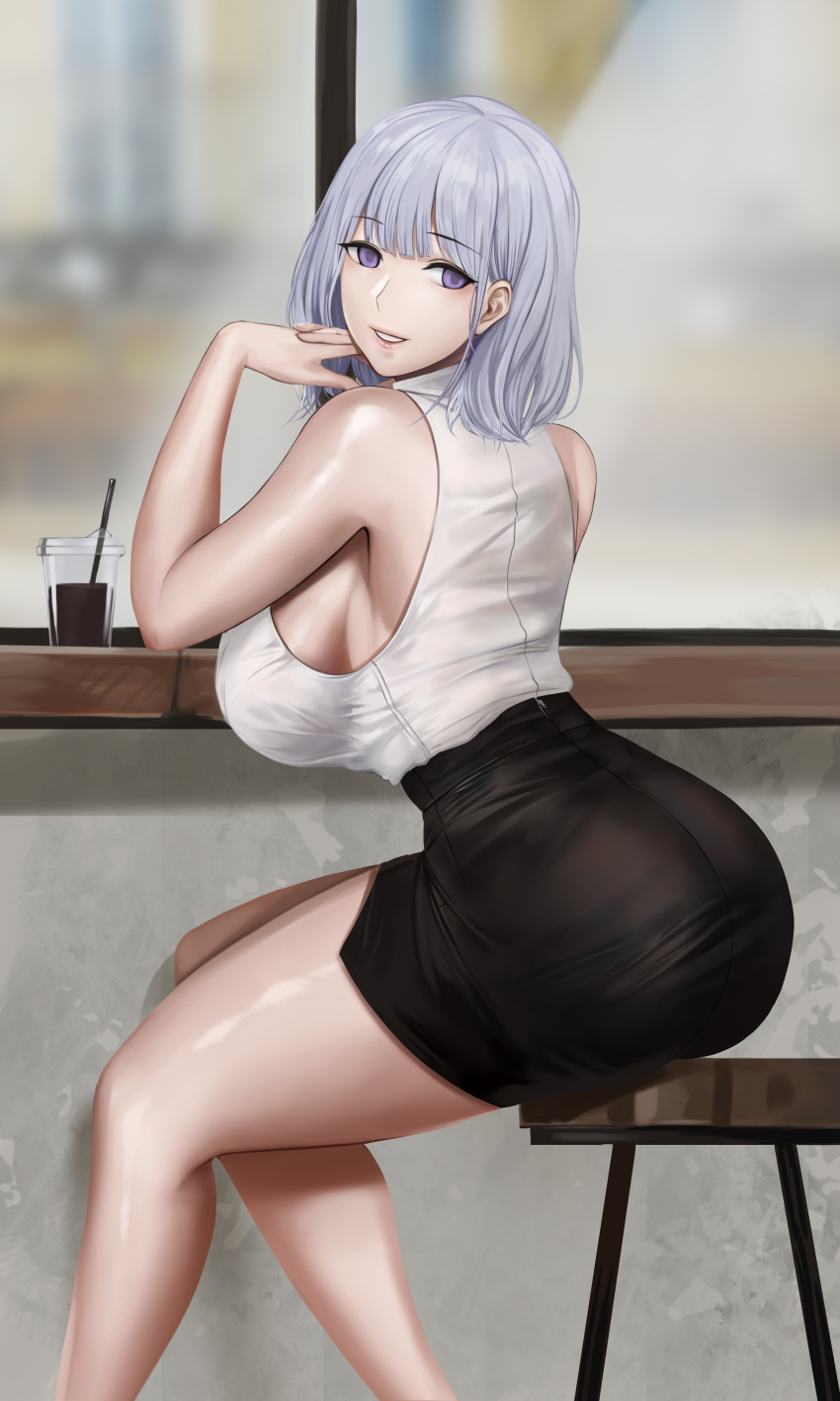 1girl, absurdres, alternate_costume, bare_shoulders, black_skirt, blurry, blurry_background, breasts