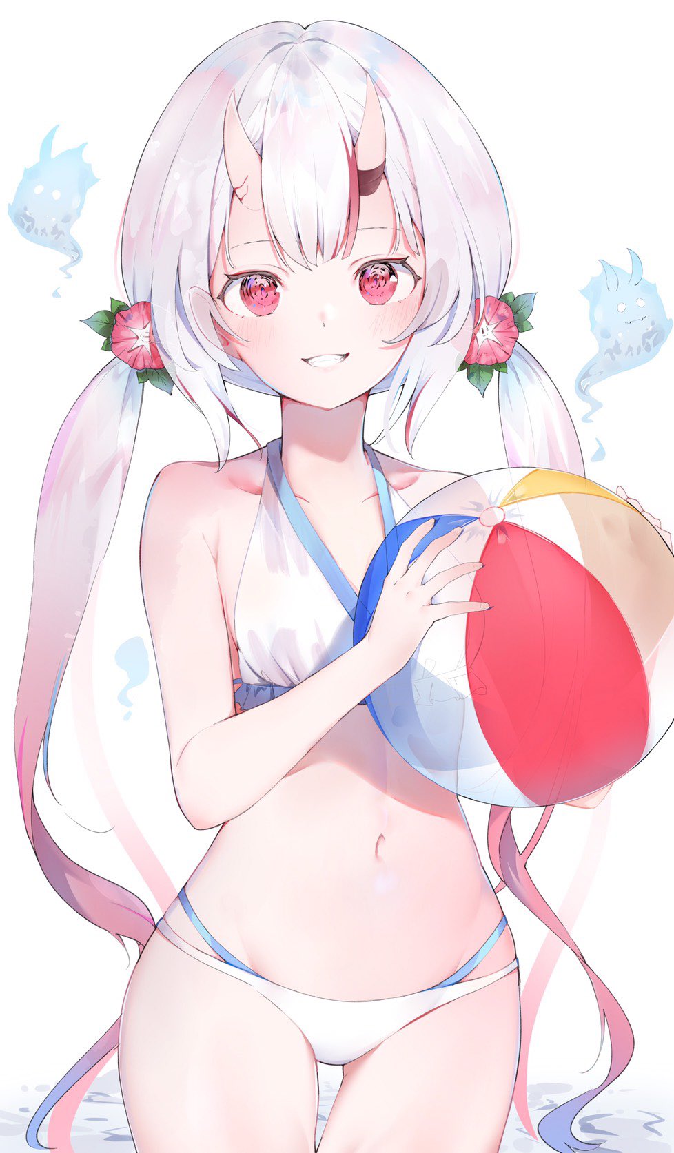 1girl, auui, ball, bangs, beachball, bikini, blush, collarbone