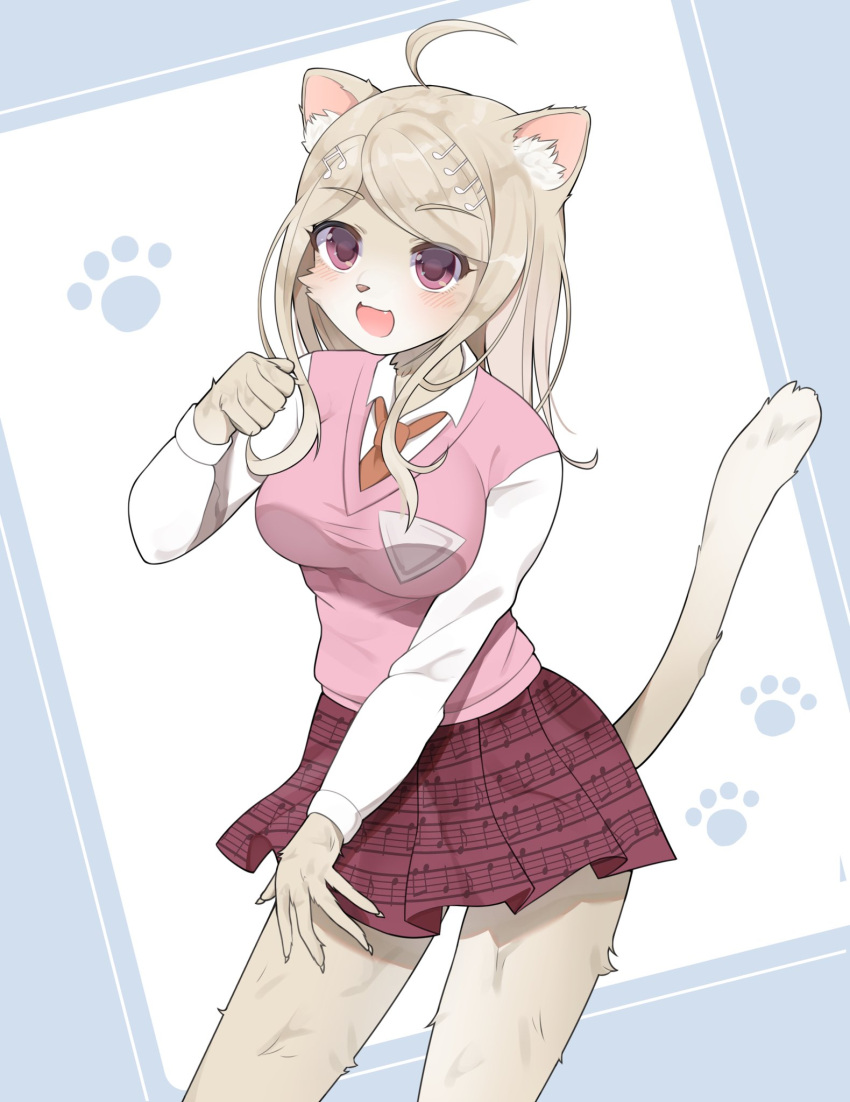 1girl, :d, ahoge, akamatsu_kaede, animal_ears, bangs, blonde_hair, blush