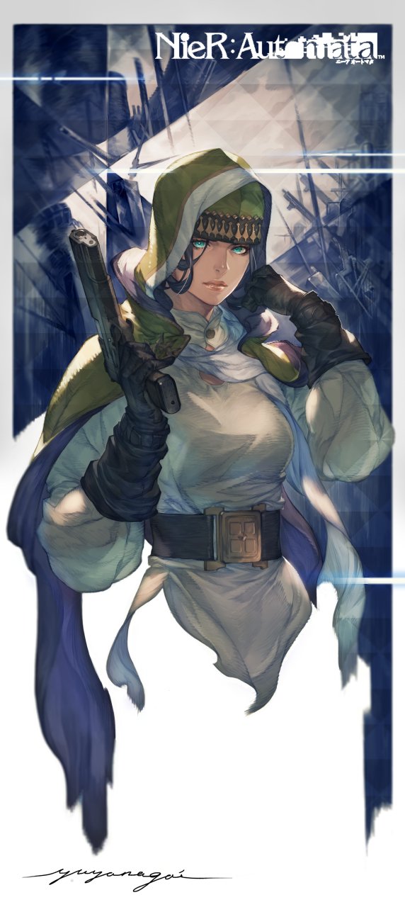 1girl, anemone_(nier_automata), belt, belt_buckle, black_belt, black_gloves, black_hair, blue_eyes