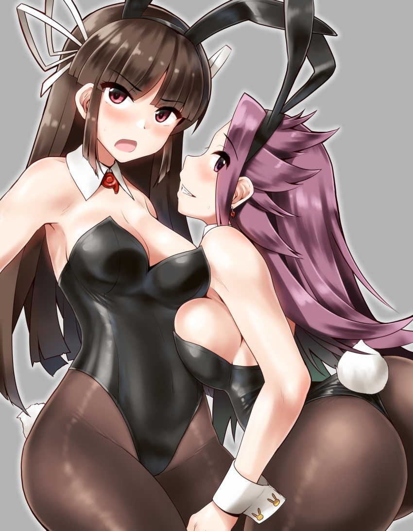2girls, absurdres, animal_ears, black_hair, black_leotard, bow, bowtie, breast_press