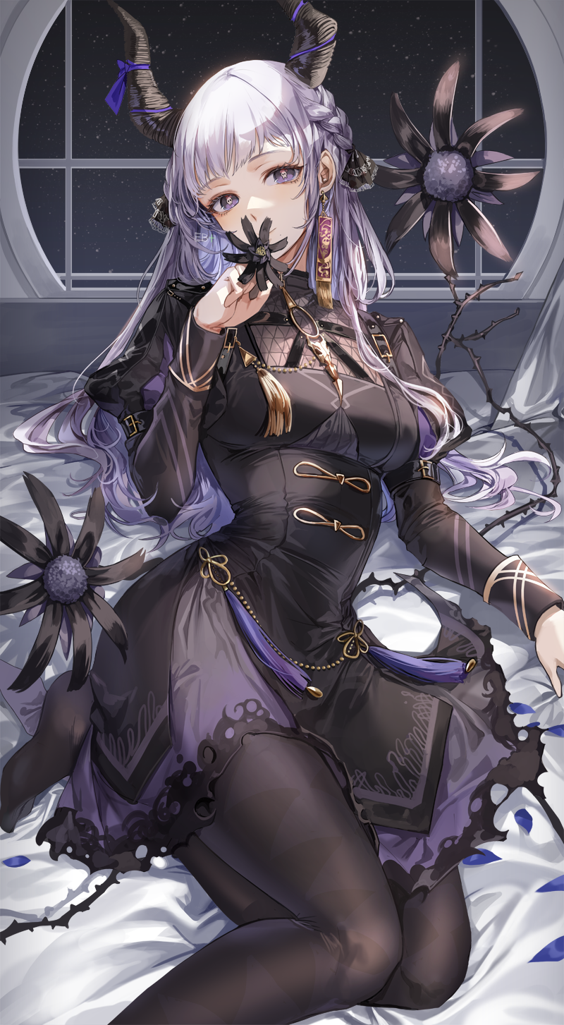 1girl, bangs, bed_sheet, black_dress, black_flower, black_legwear, breasts, closed_mouth