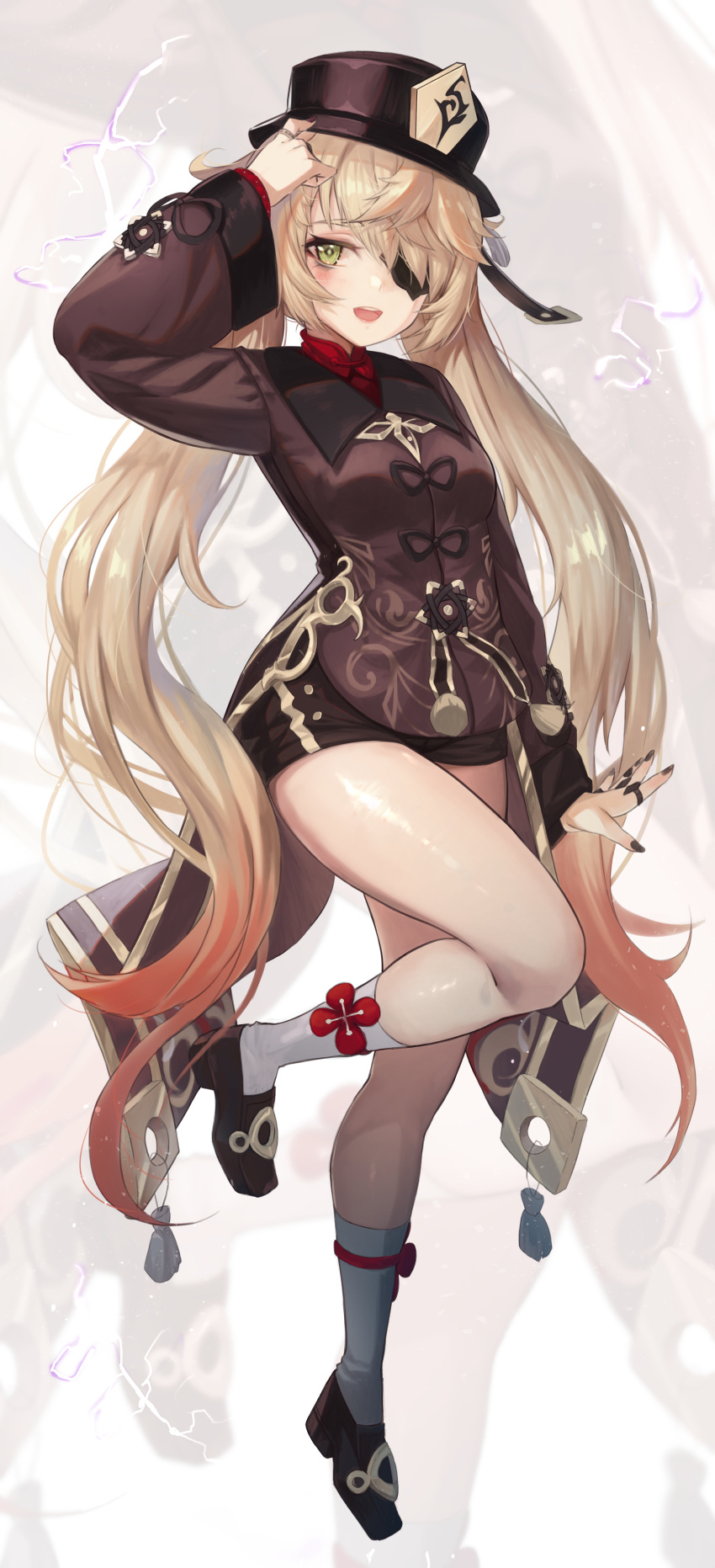 1girl, absurdres, alternate_costume, arm_at_side, arm_up, bangs, black_eyepatch, black_footwear, black_headwear, black_nails, blonde_hair, breasts, commentary_request, cosplay, dress, eyepatch, fischl_(genshin_impact), full_body, genshin_impact, gloves, green_eyes, grey_background, happy, hat, highres, hu_tao, hu_tao_(cosplay), huge_filesize, jewelry, leg_up, long_hair, long_sleeves, looking_at_viewer, mary_janes, medium_breasts, open_mouth, ring, shoes, smile, socks, solo, standing, standing_on_one_leg, striped, striped_legwear, thighs, torriet, very_long_hair, white_legwear