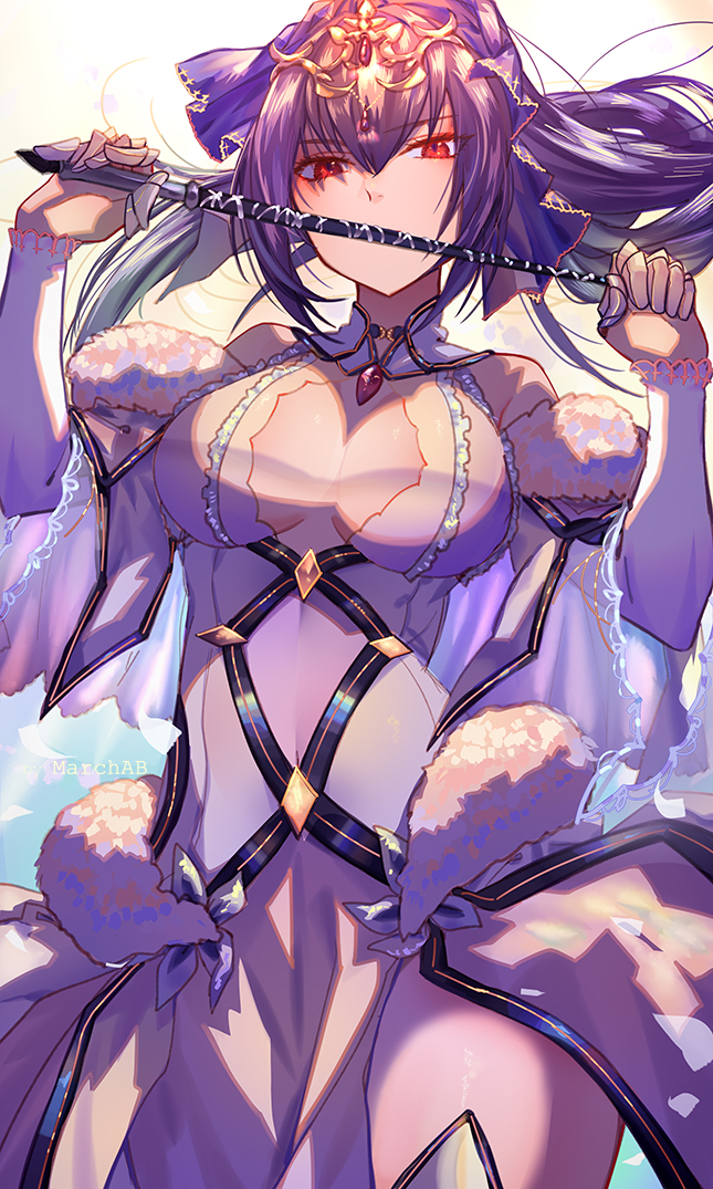 1girl, breasts, dress, fate/grand_order, fate_(series), fur-trimmed_dress, fur_trim, hair_between_eyes