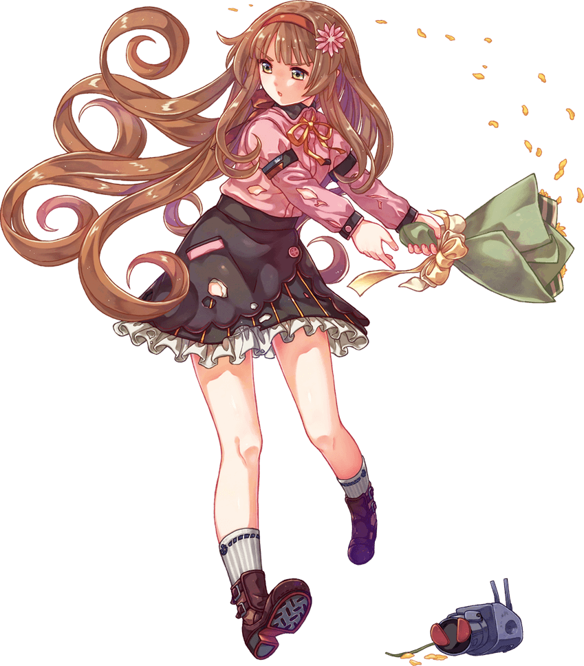 1girl, acea4, bangs, black_skirt, blunt_bangs, boots, bouquet, brown_footwear