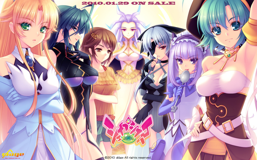 6+girls, ahes_kanuel, ahoge, aqua_eyes, aqua_hair, arduina, aretha_mole, blonde_hair, blue_eyes, blue_hair, brown_eyes, brown_hair, cleavage, crossed_arms, dress, eyepatch, gloves, green_eyes, hairclip, ildana_lafarda, lolita_hairband, long_hair, multiple_girls, nhatya_adtram, phi-age, pink_eyes, purple_hair, red_eyes, sayori, short_hair, silver_hair, smile, spoon, takashina_youko, the_shapeshifter, thighhighs, twintails