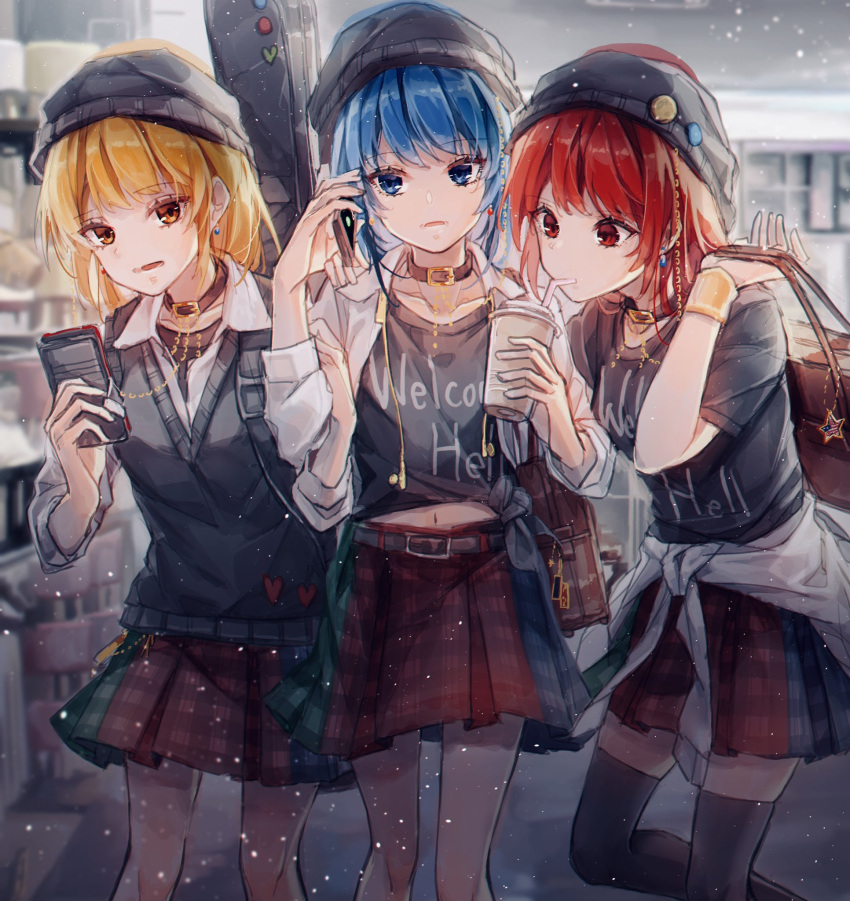 3girls, adapted_costume, bag, black_collar, black_legwear, black_shirt, black_vest, blonde_hair