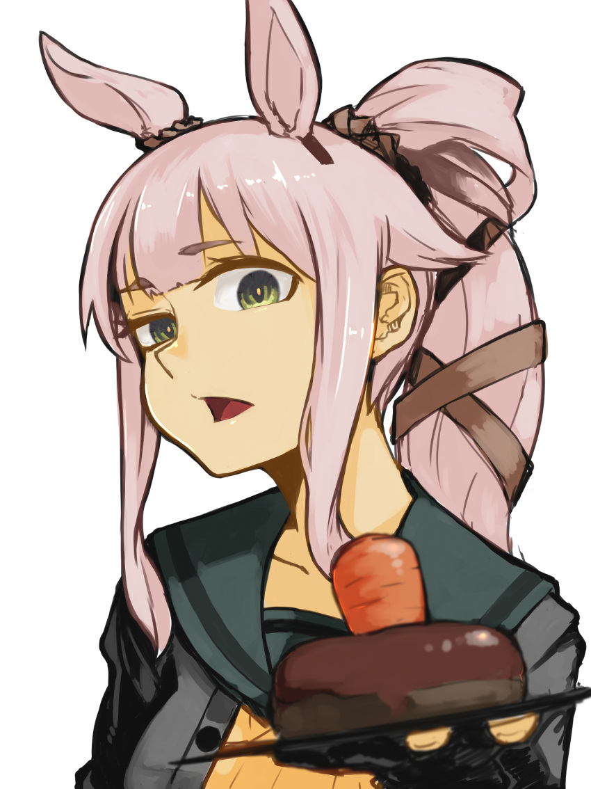 1girl, animal_ears, black_gloves, black_jacket, carrot, eimusu_(yassun83), gloves, green_eyes