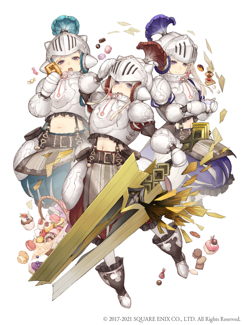 3girls, absurdres, armor, basket, belt, belt_pouch, blonde_hair, breastplate