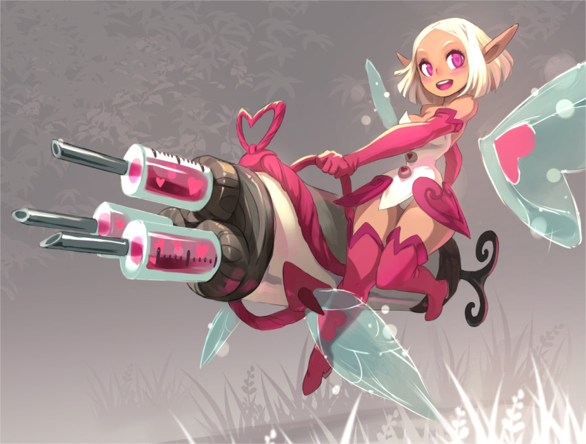 1girl, bangs, bare_shoulders, blush_stickers, boots, breasts, commentary, dark_skin, dark-skinned_female, detached_wings, dress, elbow_gloves, english_commentary, fairy, fairy_wings, faulds, flying, full_body, gatling_gun, gloves, gun, heart, heart-shaped_pupils, holding, holding_gun, holding_weapon, huge_weapon, krosmaga, long_pointy_ears, medium_breasts, panties, pantyshot, parted_bangs, pink_eyes, pink_footwear, pink_gloves, pointy_ears, short_dress, solo, strapless, strapless_dress, symbol-shaped_pupils, syringe, syringe_gun, thigh-highs, thigh_boots, underwear, upper_teeth, weapon, white_dress, white_hair, white_panties, wings, xavier_houssin, zettai_ryouiki