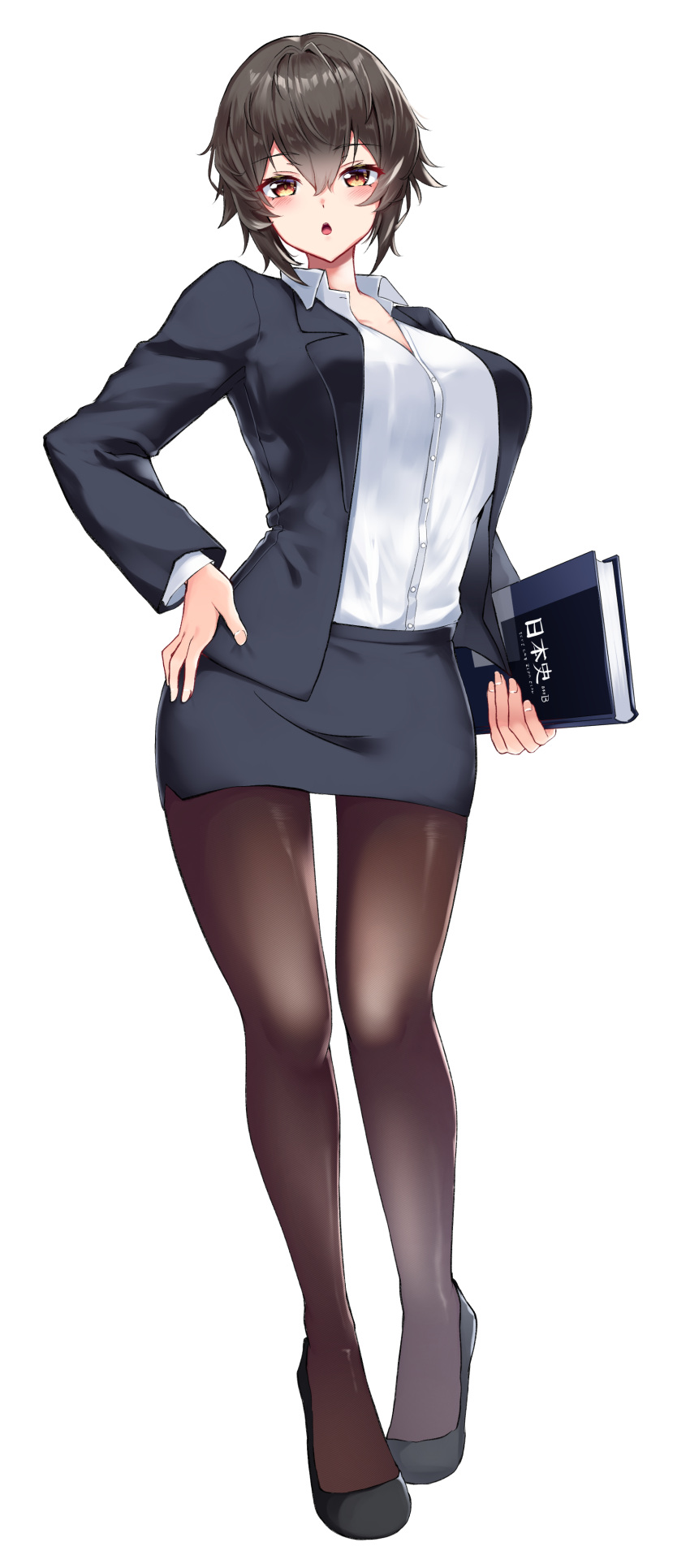 1girl, :o, absurdres, bangs, black_footwear, black_hair, black_jacket, black_legwear