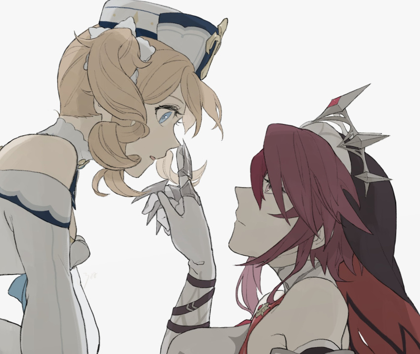 2girls, barbara_(genshin_impact), bare_shoulders, blonde_hair, blue_eyes, claw_ring, claws, closed_mouth