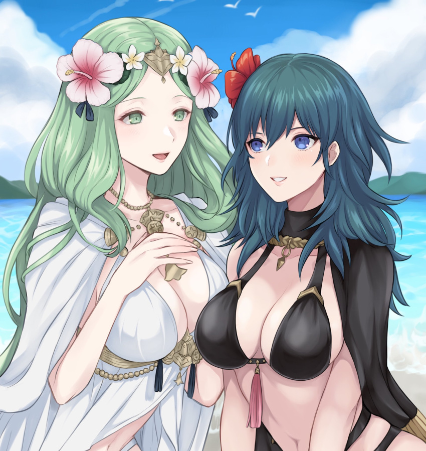 2girls, :d, bangs, bikini, black_bikini, black_cape, blue_eyes, blue_hair