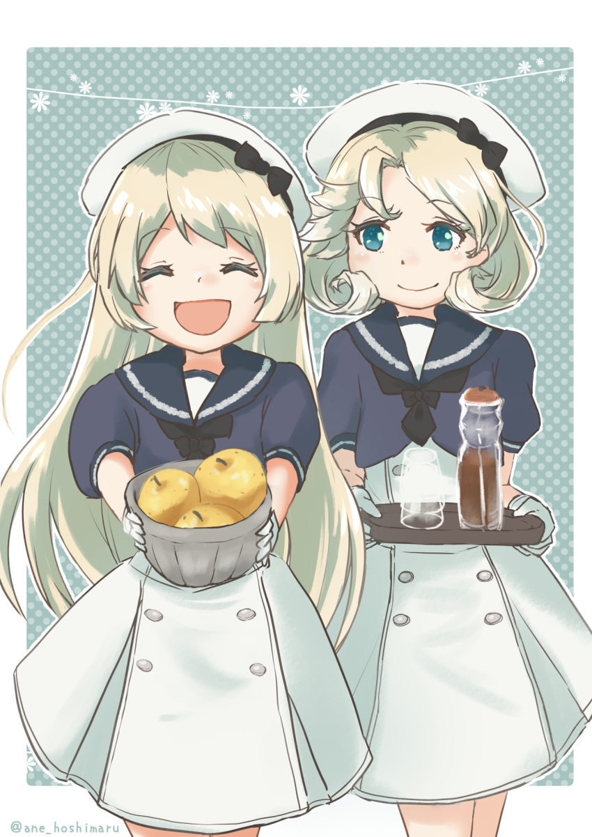 2girls, ane_hoshimaru, bangs, basket, black_neckwear, blonde_hair, blue_eyes, blue_sailor_collar